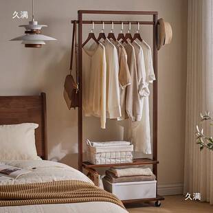 新中式实木挂衣架卧室落地带万向轮子可移动衣帽架床边放衣服