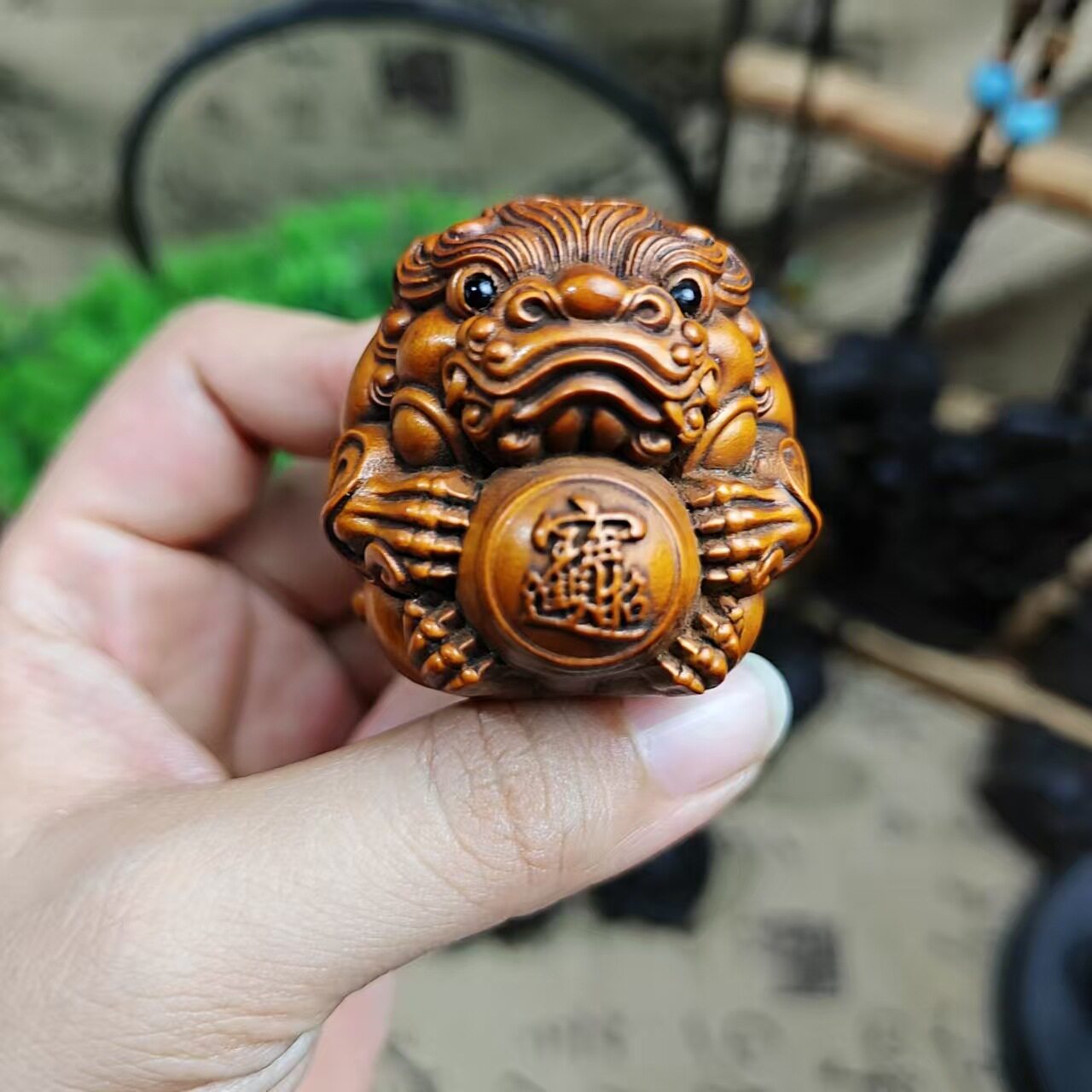 旧藏黄杨木雕貔貅手把件车挂件盘玩貔貅手把玩件招财有求必应挂件