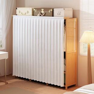 实木简易衣柜出用租房防尘卧经济型结耐挂实衣橱带遮挡帘室OQY大