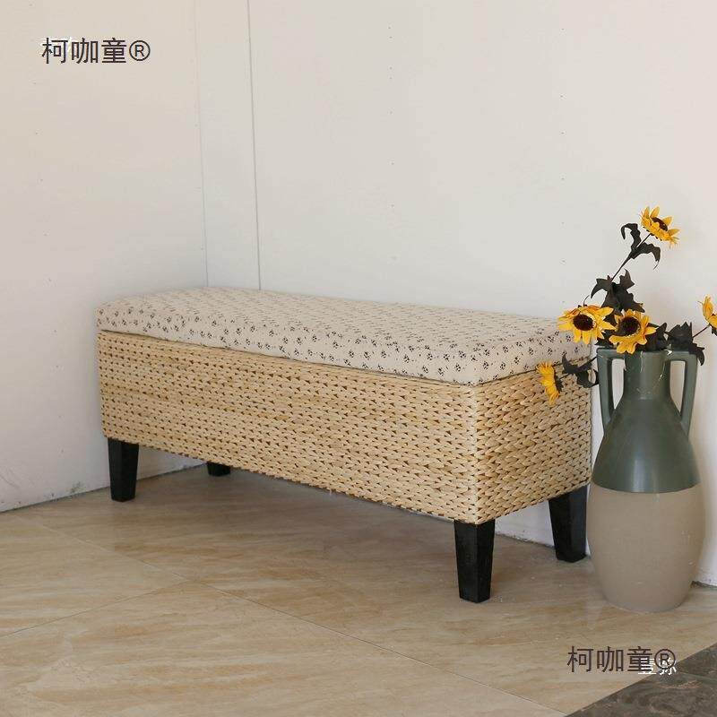加长收坐箱玩具物纳箱子收凳纳草编实木搁储脚床尾坐403凳杂物麦