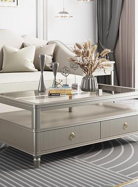 意物式轻14701奢桌实储木茶几美式香槟色茶几电视柜组合方形茶玻璃桌