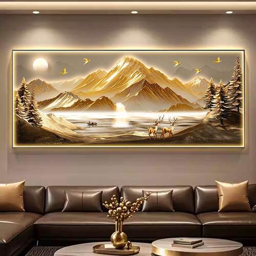 现代轻奢客厅装饰画背有靠山大气山水画沙发背景墙挂画大白墙壁画