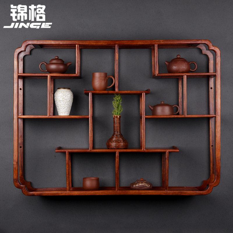 中式实木黄花梨挂墙博古架 紫砂茶具展示架多宝阁