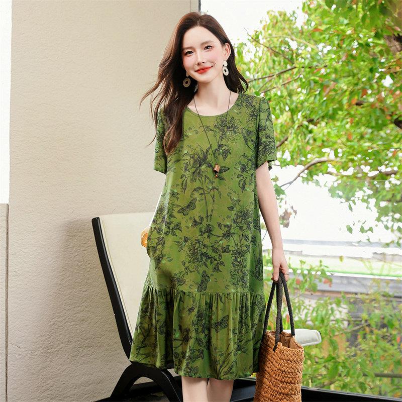 夏季小个子妈妈棉绸连衣裙女大码气质减龄荷叶边人造棉睡裙有口袋