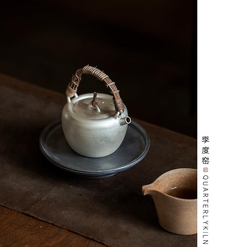 季度窑鎏银中式茶壶复古陶壶手工银壶提梁壶家用泡茶加热一人煮茶