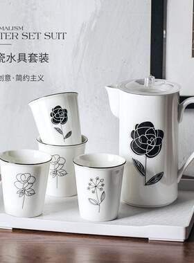 新品北欧黑色描边陶瓷冷水壶套装家用客厅水杯茶杯凉水杯具带托盘