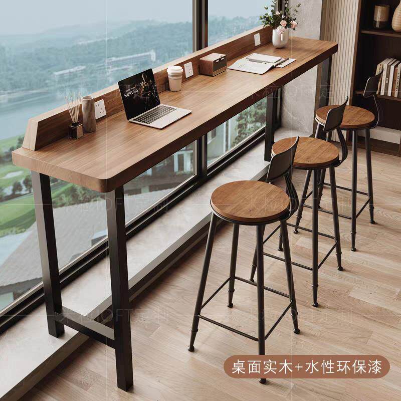 阳台家用吧台桌实木带插座靠窗长条高低脚长桌子高脚桌椅靠墙窄桌