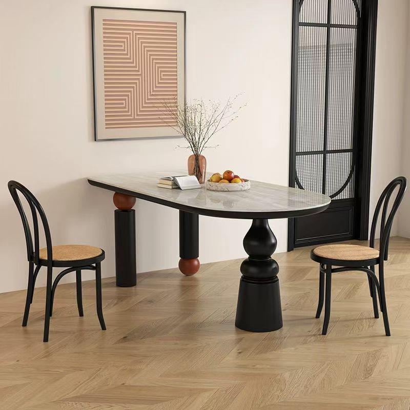 法式中古岩板餐桌实木小户型椭圆形现代家用简约侘风饭桌餐桌椅