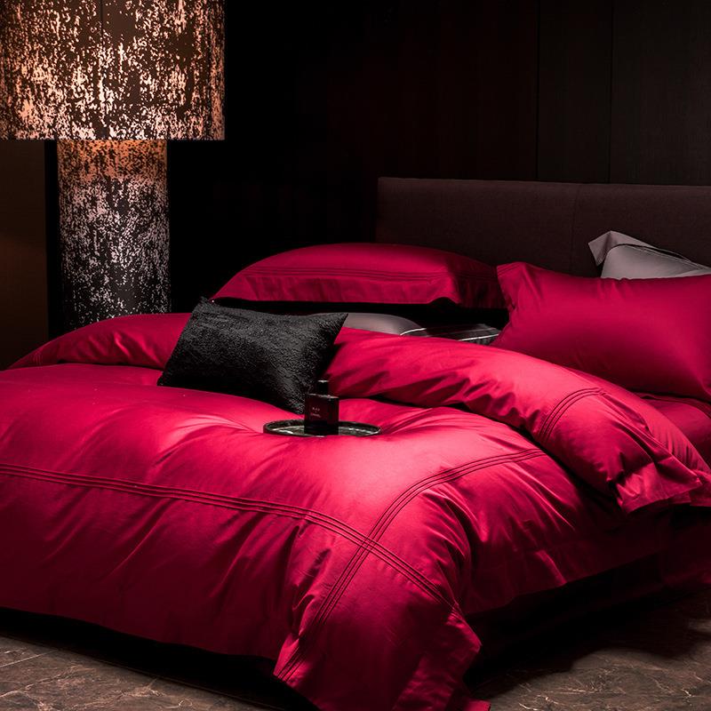 2025新款中式红色柏林朗姆酒红全棉简约质感埋绳婚庆系列四件套