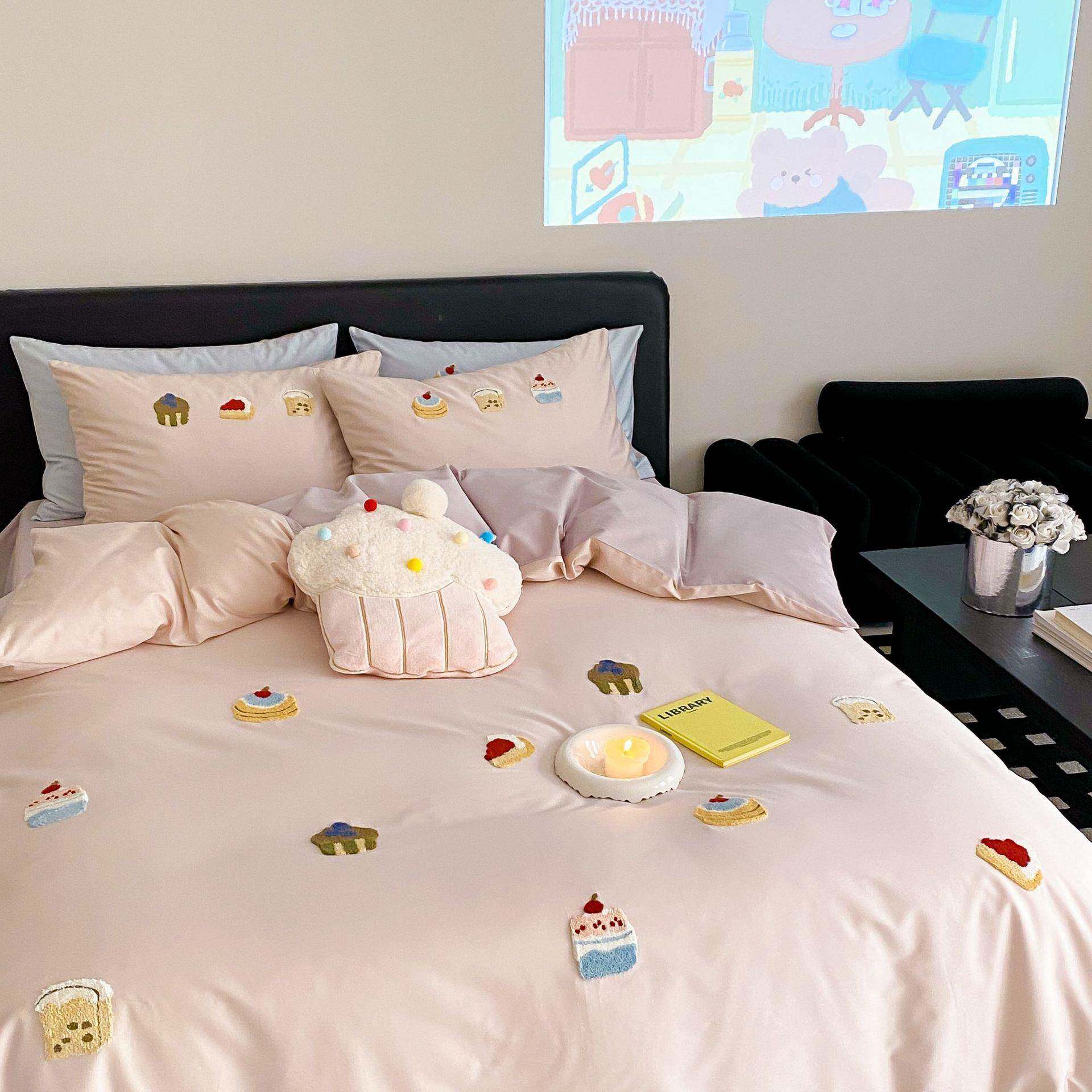 新款100S长绒棉毛巾绣圣诞树四件套纯棉床单被套全棉节日可爱儿童