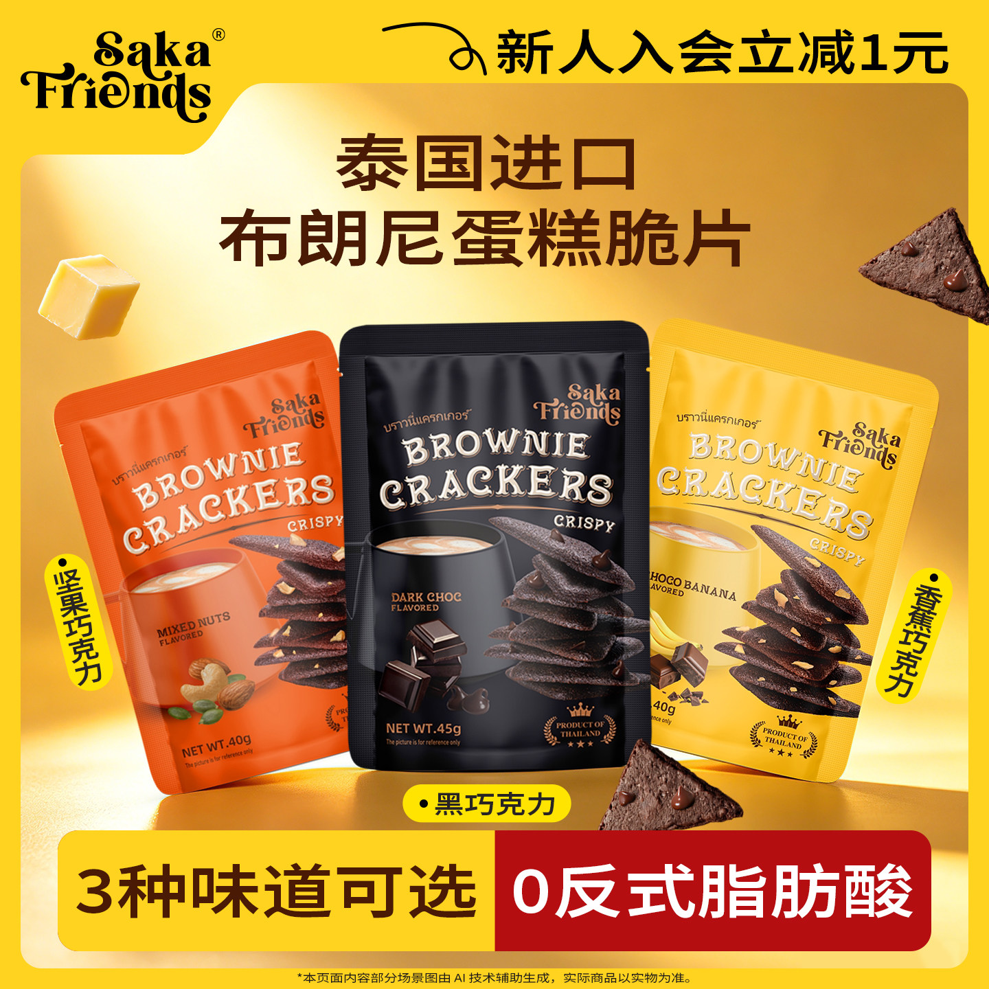 SakaFriends泰国进口薄脆饼干巧克力布朗尼蛋糕脆片网红办公零食