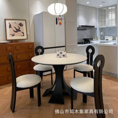 法式复古岩板餐桌纯白家用小户型中古风圆桌实木白蜡木吃饭桌子