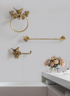 黄铜巾架免毛巾环卫生间SNX收纳复古打孔室收浴浴获小鸟纸巾小屋