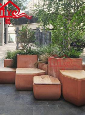 户外HY-24065玻璃钢花盆场防腐木凳组广合商坐休闲椅场景观大花箱