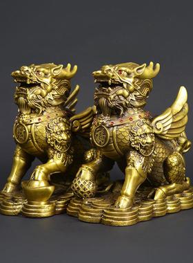 宏达全黄铜踏财福麒麟家居关铜玄麒麟礼品铜球器财福麒麟摆件