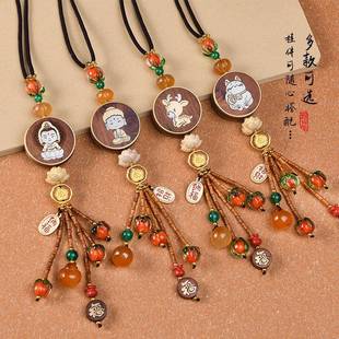 创意天然檀木双鹿面汽车坠783挂一平安车内吊饰车载后视镜吊饰件