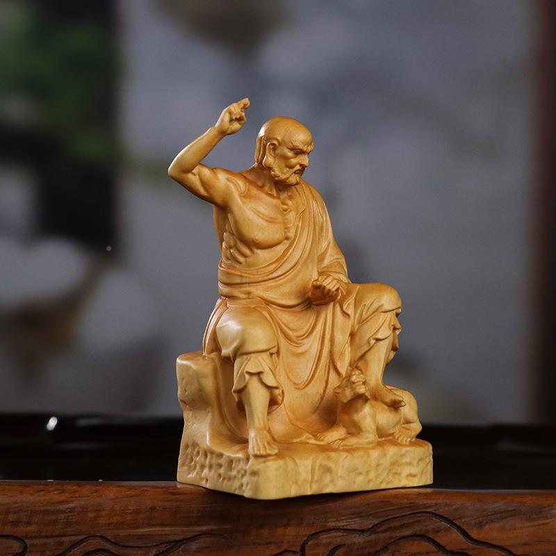 小叶黄杨木雕虎罗新汉摆件中式木质家居神厅像客YTB礼品收伏藏品