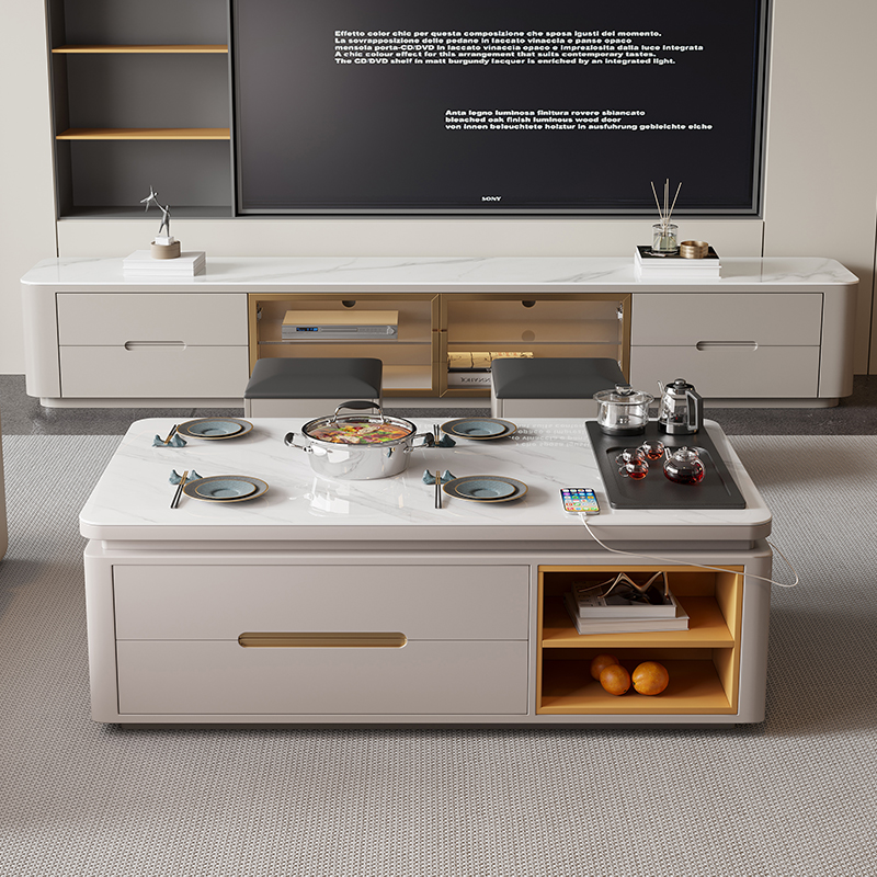 客厅家用实木茶几泡茶一体带电磁炉餐桌烧水壶岩板W茶桌多功能茶