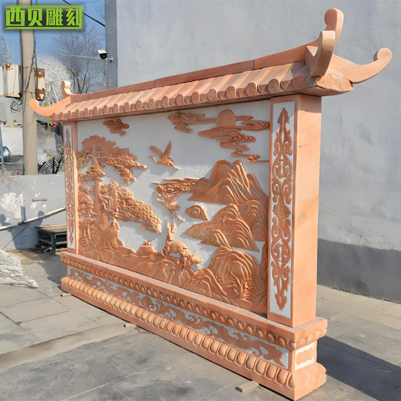 大理石浮雕壁画背景墙厂家石材照壁背景墙花开富贵晚霞红雕刻影墙