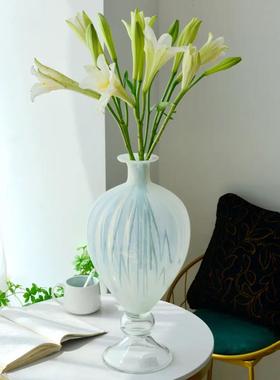 艺法式复古奶玻璃大高脚中古肚风LAX术花瓶高级s花器in软装摆件小