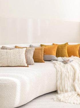 北欧橘黄色腰枕冬季枕沙简发客厅约抱车橘黄色系米咖色腰靠垫上办