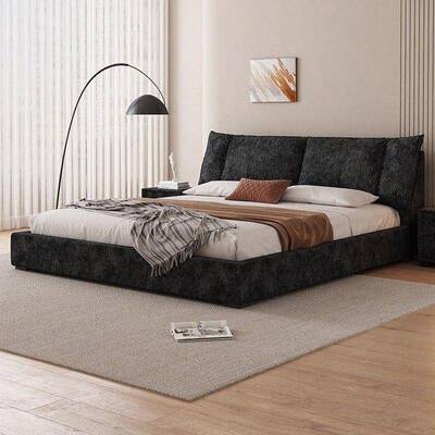 黑色小朵帆船布艺床新款雪尼尔卧床现代简约象耳包储物7475软婚床