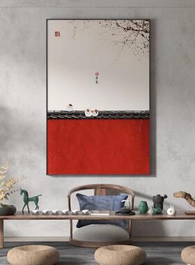 中画式客厅关装饰中国风红色梅新红色花古玄典背景墙壁现代轻奢挂
