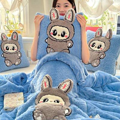 冬季加二厚加绒牛奶绒抱枕被子合功能一可折叠车载靠枕头被KMD多