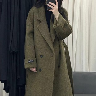 橄榄绿穿搭高货24秋冬款双面羊绒大衣女双排扣宽松大码羊毛呢外套