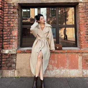 春季加厚马海毛针织大衣外套女高级感腰带宽松慵懒风长款毛衣开衫