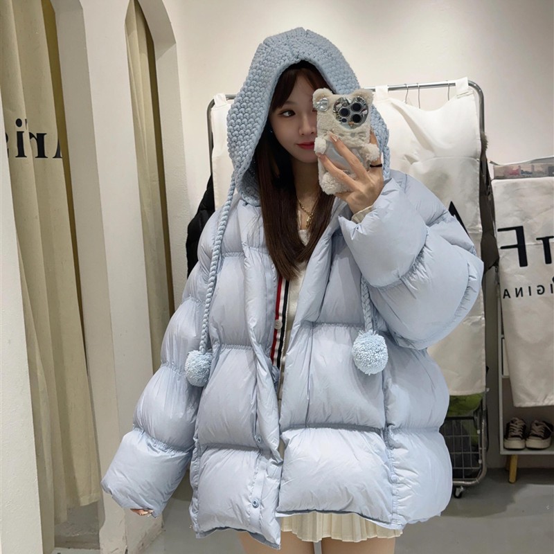 SIXTH韩系甜美高蓬松针织帽拼接羽绒服女中长款泡芙加厚保暖外套