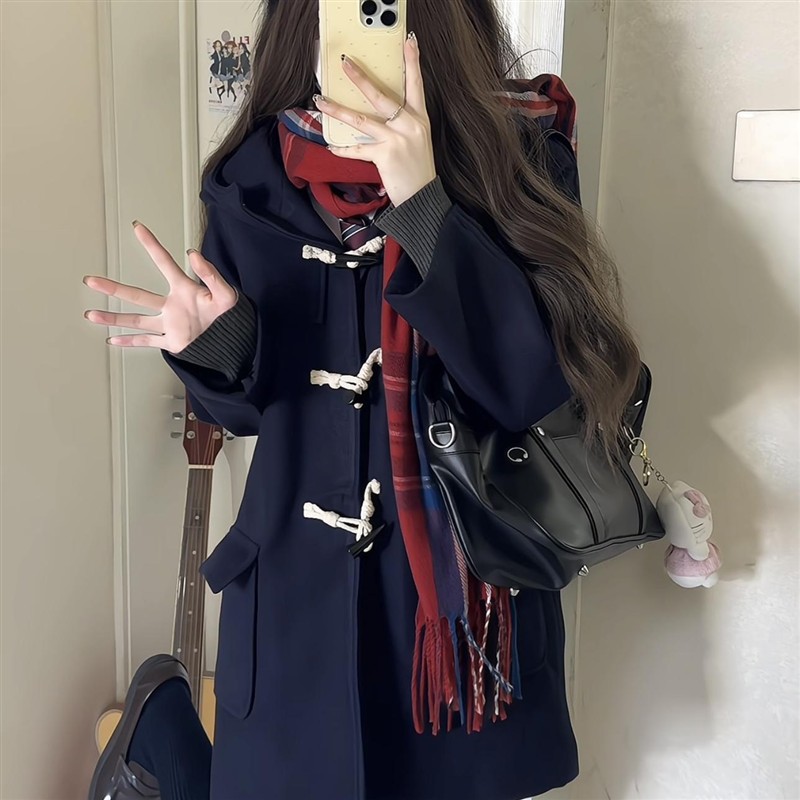 日系jk牛角扣毛呢夹棉外套大衣秋冬小个子中长款日系校供学院风