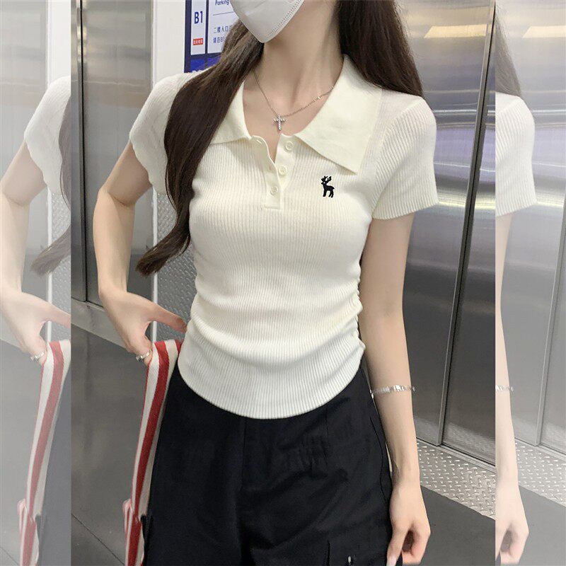 针织短袖t恤女夏修身收腰褶皱高级设计感小众翻领刺绣polo衫上衣