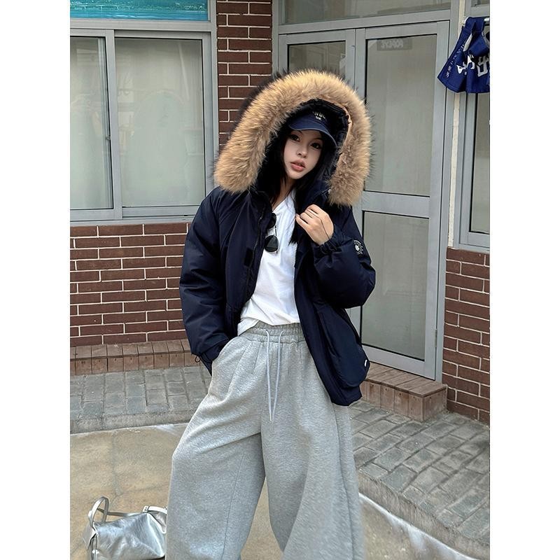 安哥拉红工装派克服羽绒服女冬季2024新款中长款大毛领白鸭绒外套