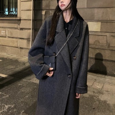 黑灰色双面羊绒大衣女2024秋冬新款中长款高级感羊毛呢子韩系外套