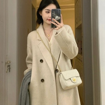 燕麦色双面羊绒大衣女过膝2024秋冬新款韩系小个子羊毛呢子外套