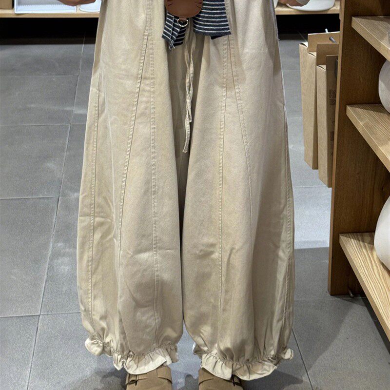 300斤大码女装杏色花苞裤女早秋新款气球裤胖mm显瘦阔腿九分裤子