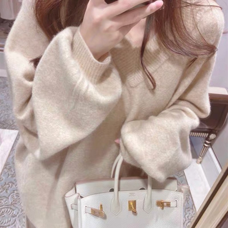 温柔软糯v领套头针织衫女秋冬加厚宽松慵懒毛衣内搭打底上衣外穿