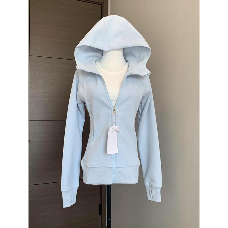 蓝色修身卫衣外套女款春穿搭2025新款正肩收腰连帽运动瑜伽服上衣