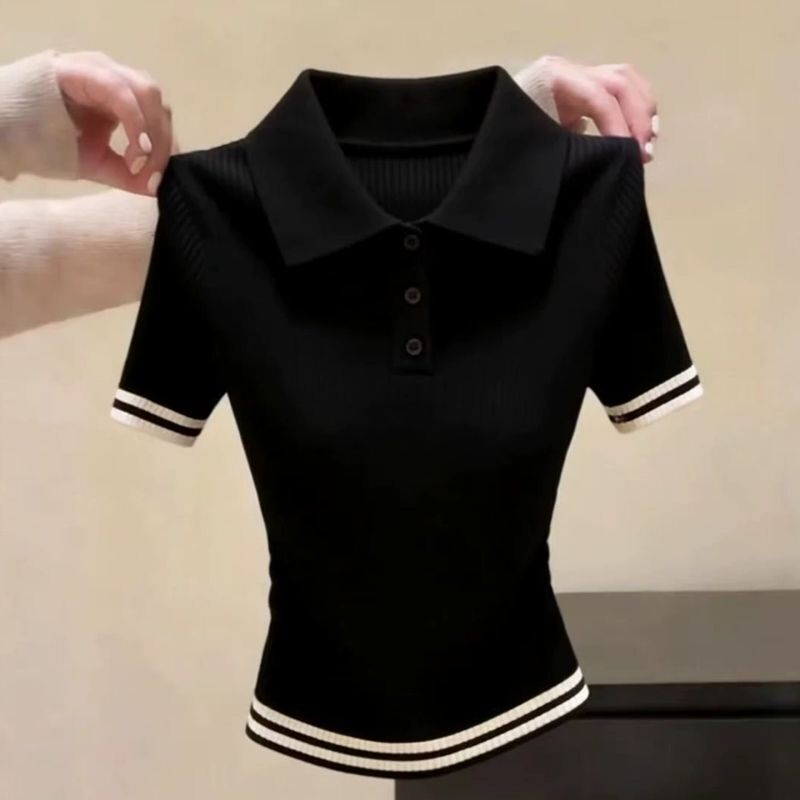 夏季2026新款正肩黑色POLO领短袖t恤女修身小衫针织衫减龄上衣潮