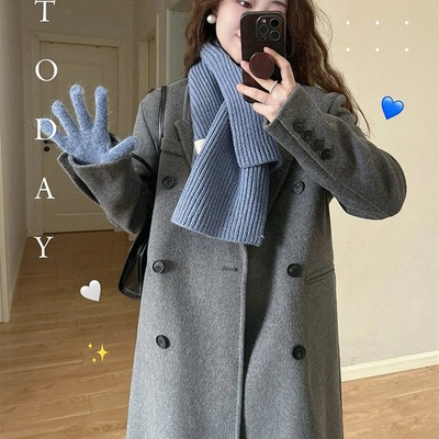 灰色羊绒呢子大衣女中长款2024新款秋冬季加厚高级感正肩毛呢外套