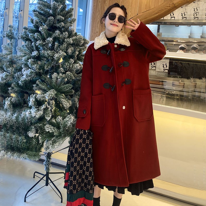 红色牛角扣大衣女中长款2024冬季新款小个子夹棉爆款羊毛呢子外套