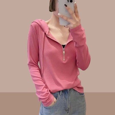 2025春秋新款女士连帽长袖t恤短款小个子上衣爆款打底衫洋气减龄