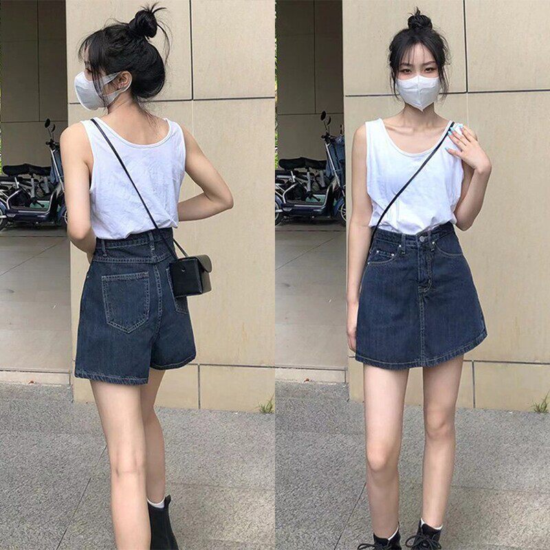 复古牛仔短裙女高腰夏季新款大码胖mm遮肚子遮胯显瘦a字半身裙裤