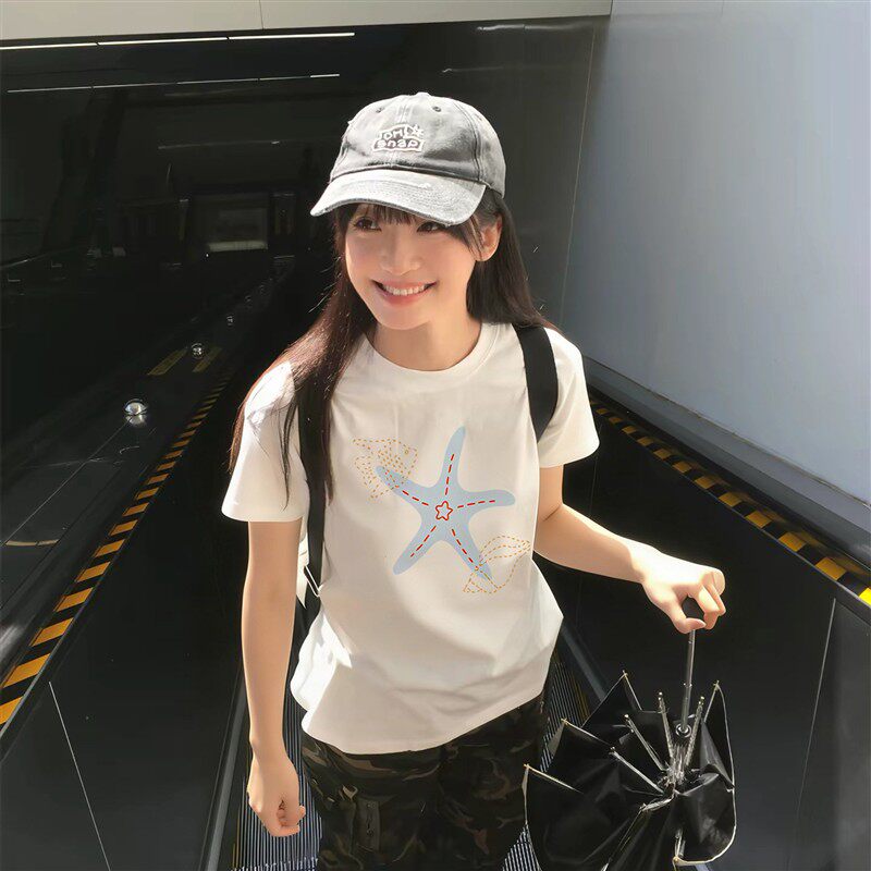 正肩短袖t恤女夏季2026新款爆款设计感小众美式宽松纯棉半袖上衣