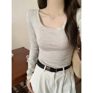 2025秋冬纯棉方领打底衫上衣女大码胖mm修身显瘦早春长袖t恤内搭