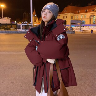 红色羽绒服女冬季2024新款高级感小个子炸街白鸭绒冲锋衣工装外套