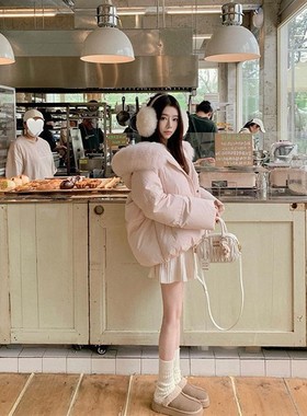 甜甜妹宝 神仙粉色狐狸大毛领羽绒服女连帽短款冬保暖白鸭绒外套