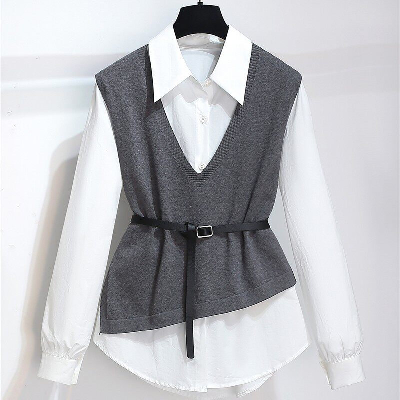 长袖衬衫收腰加针织马甲背心两件套女2025早秋新款宽松慵懒风上衣