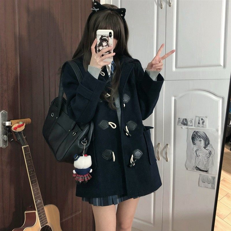 毛呢大衣学院风jk制服短款牛角扣绀色大衣jk外套